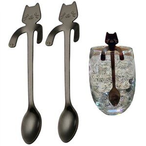 Cat Spoons Tea Spoons Stirrers Cup Hugging Kitty Cats Stainless Black 2 PC Set